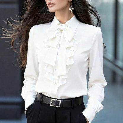 Blusa de mujer con cuello de lazada y volantes delanteros