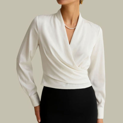 Blusa de satén cruzada para mujer con escote en V y manga larga