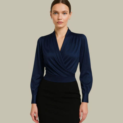 Blusa de satén cruzada para mujer con escote en V y manga larga