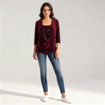 Blusa elegante de manga larga con lentejuelas para mujer