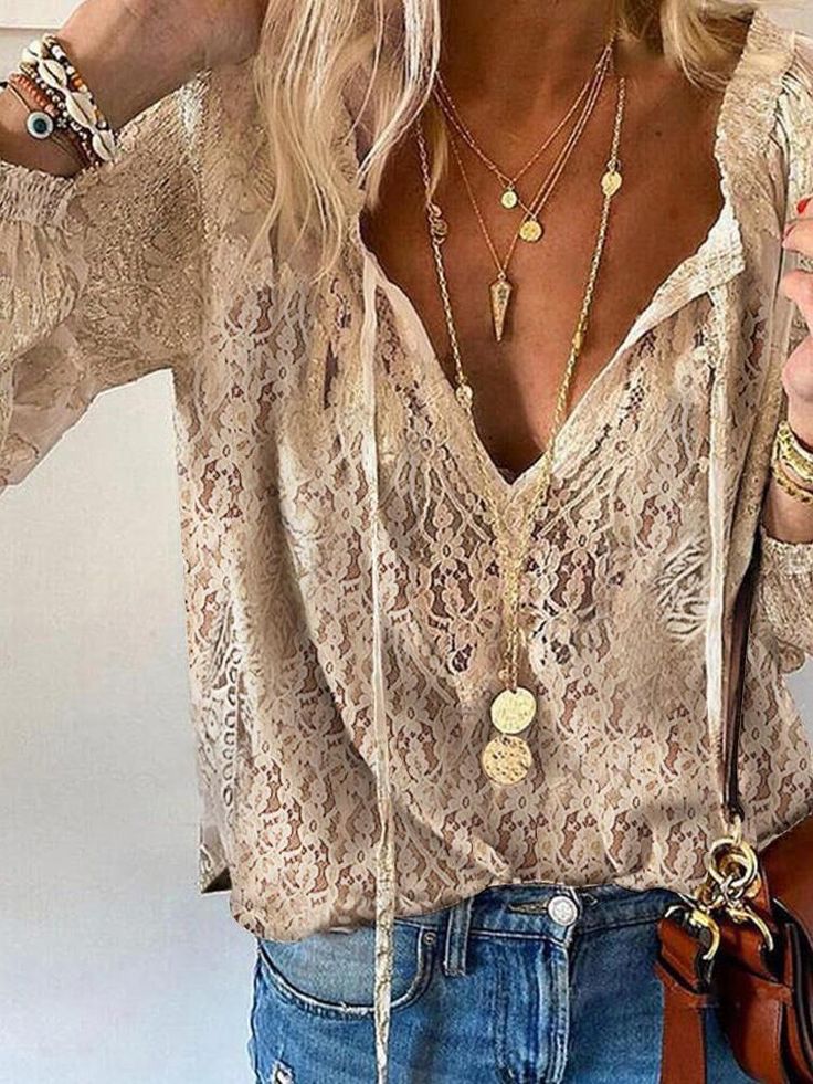 Blusa para mujer de manga larga con cuello en V y lazada