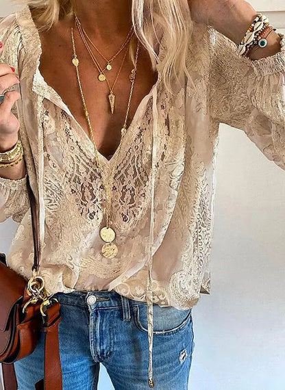 Blusa para mujer de manga larga con cuello en V y lazada