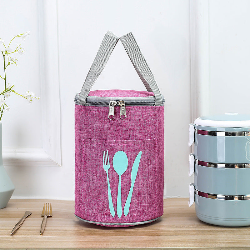 Bolsa térmica cilíndrica para el almuerzo con bolsillo para cubiertos
