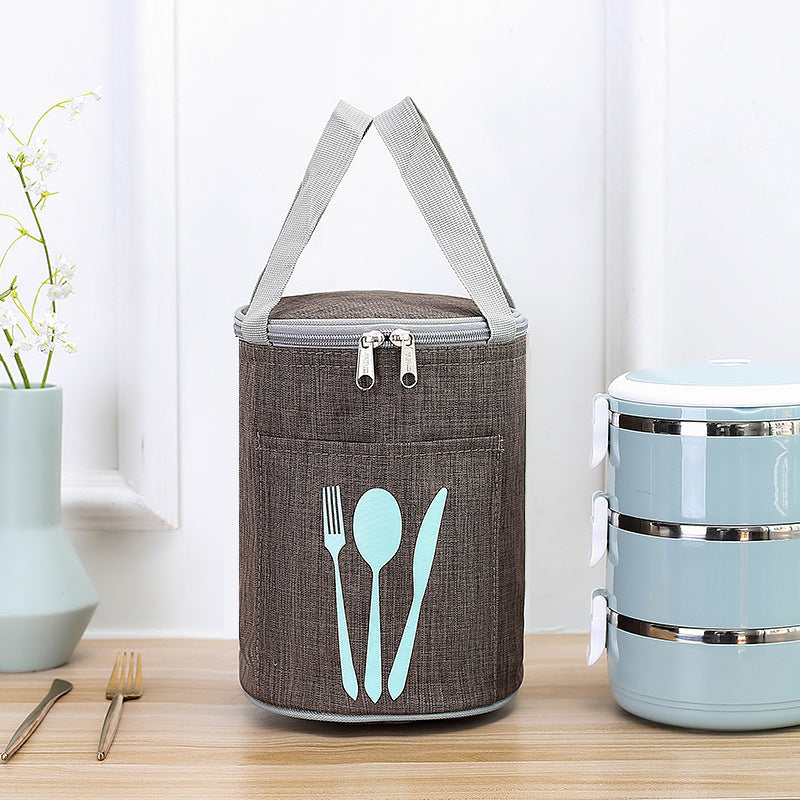 Bolsa térmica cilíndrica para el almuerzo con bolsillo para cubiertos