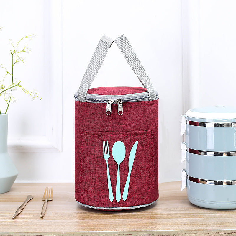 Bolsa térmica cilíndrica para el almuerzo con bolsillo para cubiertos