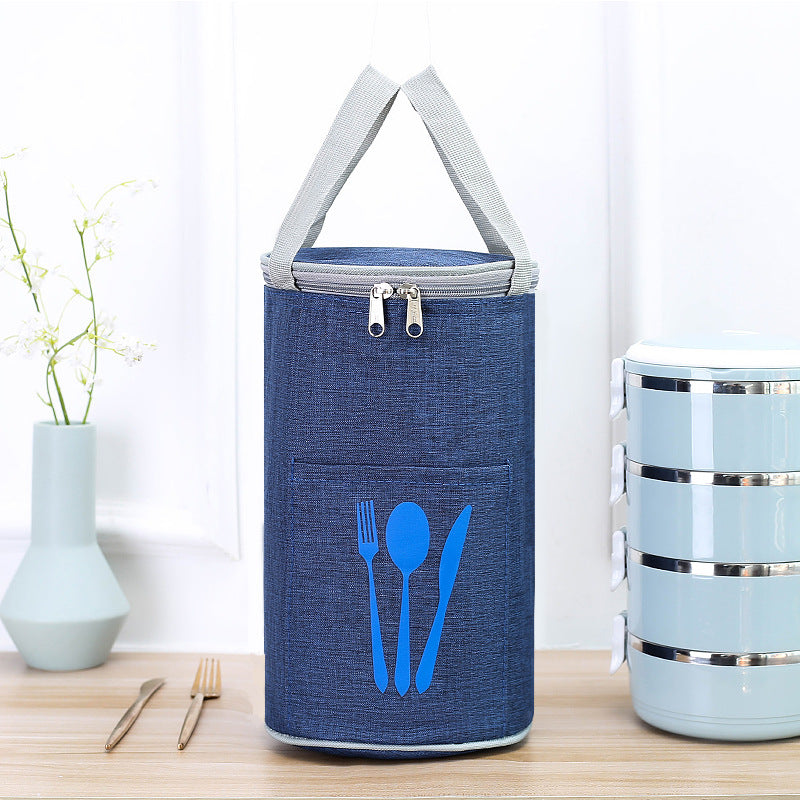 Bolsa térmica cilíndrica para el almuerzo con bolsillo para cubiertos