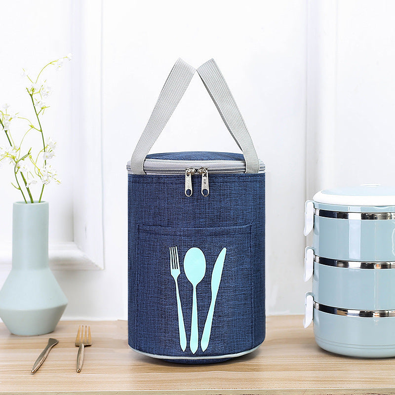Bolsa térmica cilíndrica para el almuerzo con bolsillo para cubiertos