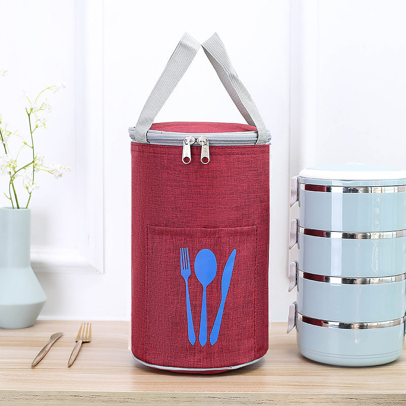 Bolsa térmica cilíndrica para el almuerzo con bolsillo para cubiertos