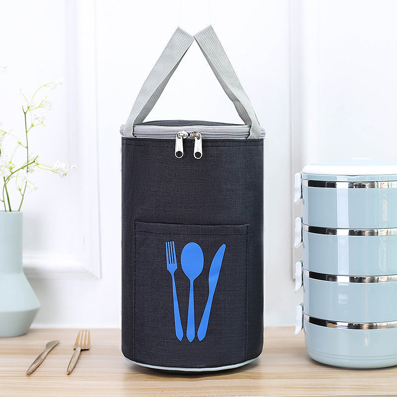 Bolsa térmica cilíndrica para el almuerzo con bolsillo para cubiertos
