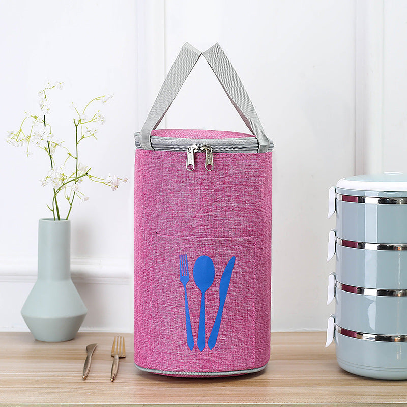 Bolsa térmica cilíndrica para el almuerzo con bolsillo para cubiertos