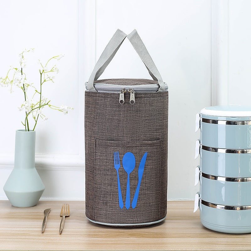 Bolsa térmica cilíndrica para el almuerzo con bolsillo para cubiertos