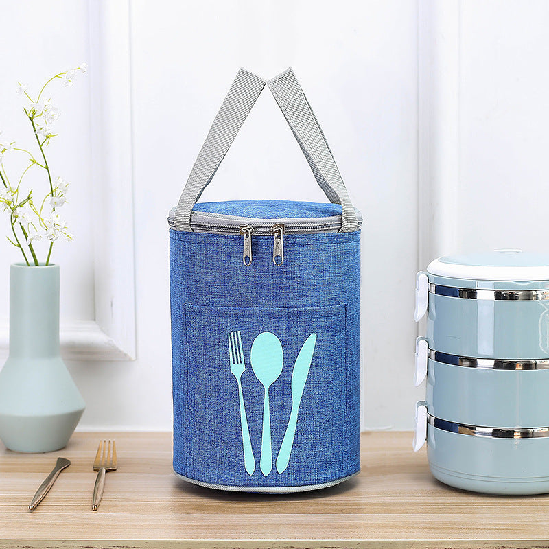Bolsa térmica cilíndrica para el almuerzo con bolsillo para cubiertos