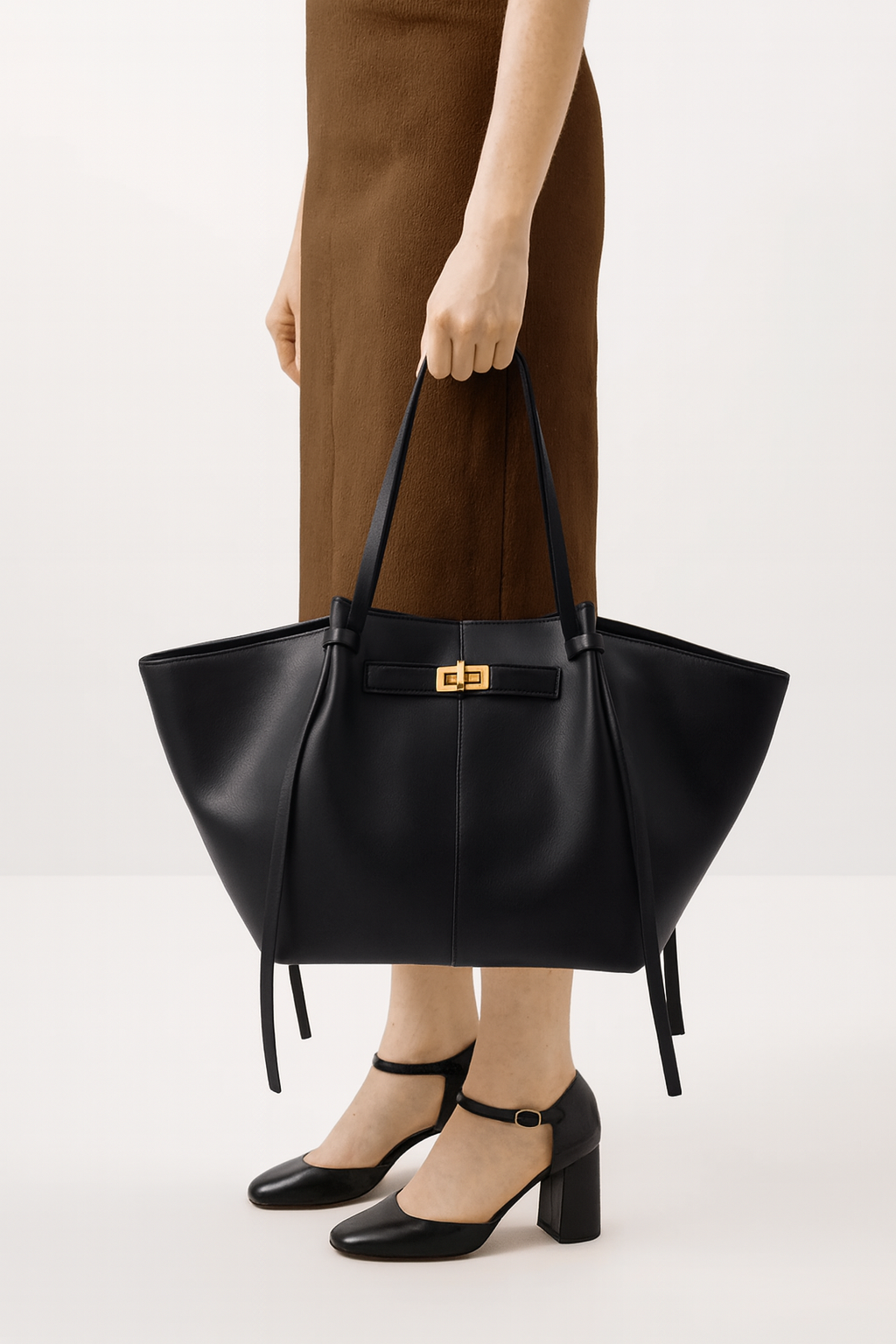 Bolso de mano grande de cuero PU negro