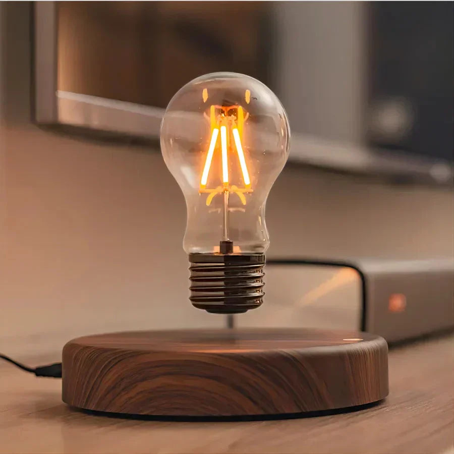 Bombilla Flotante con Base de Madera de Nogal - LevitaLux