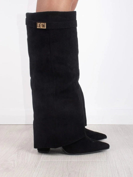 Botas altas de ante con vuelta y cierre dorado para mujer