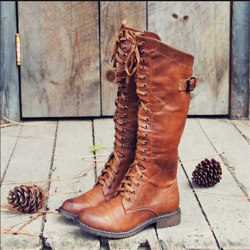 Botas altas de estilo ecuestre con cordones para mujer - Elegantes botas de piel con tacón y cremallera