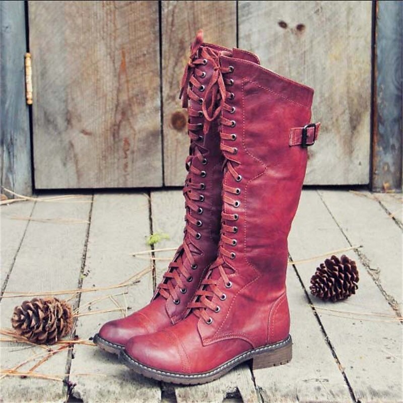 Botas altas de estilo ecuestre con cordones para mujer - Elegantes botas de piel con tacón y cremallera