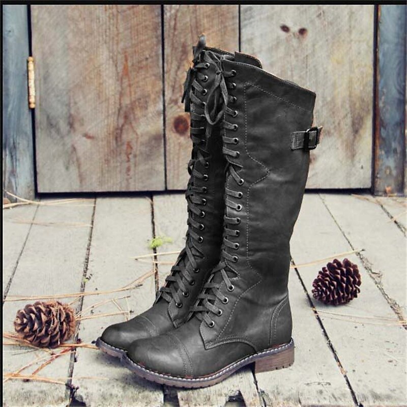 Botas altas de estilo ecuestre con cordones para mujer - Elegantes botas de piel con tacón y cremallera