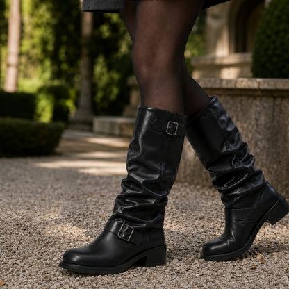 Botas biker fruncidas hasta la rodilla con hebillas para mujer