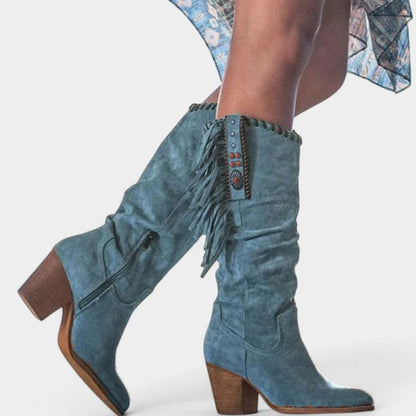 Botas camperas de caña alta de ante con flecos y tacón ancho para mujer