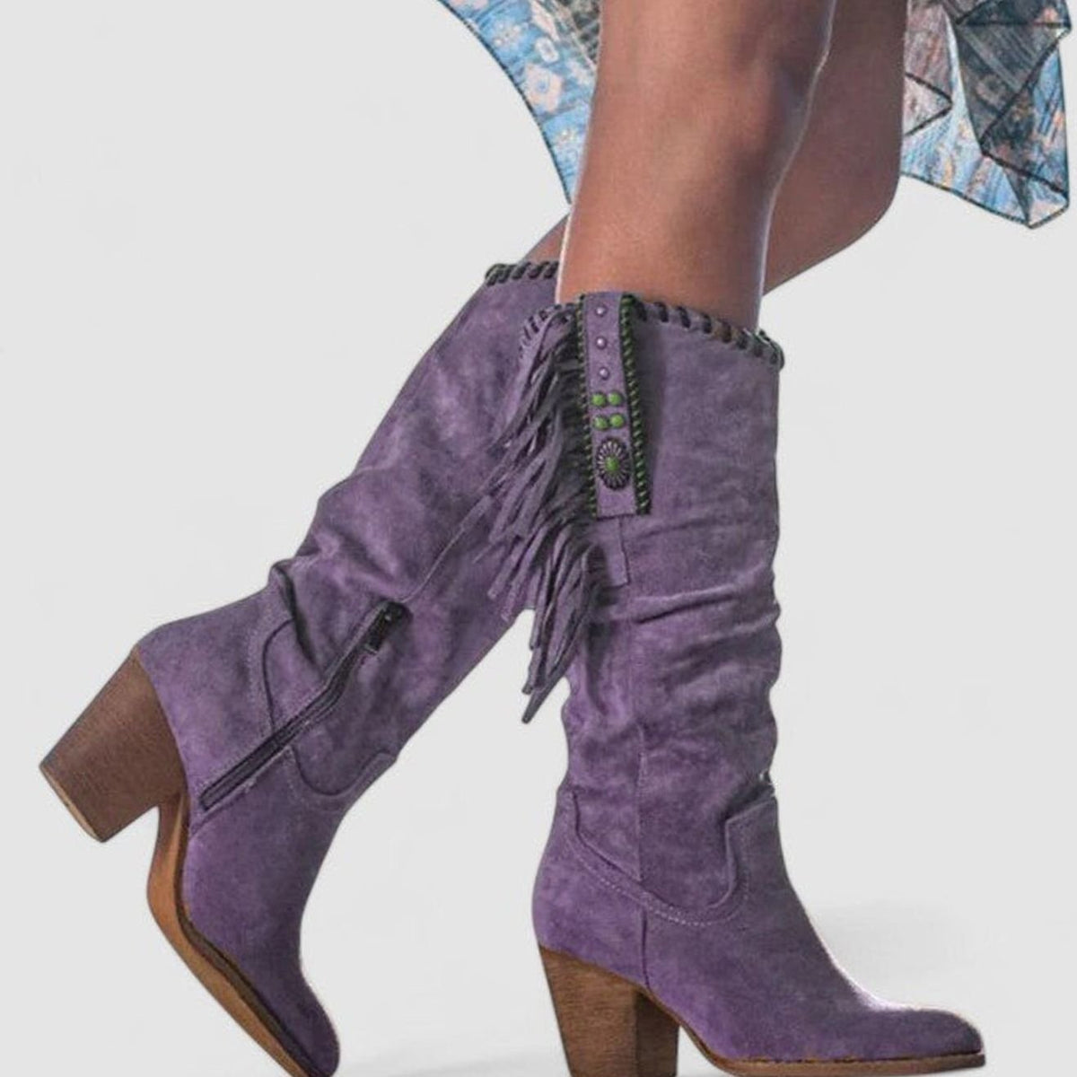 Botas camperas de caña alta de ante con flecos y tacón ancho para mujer