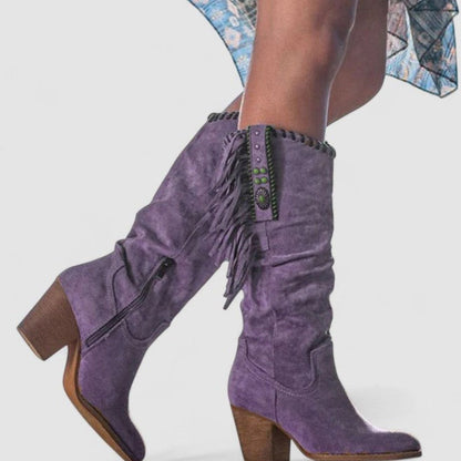 Botas camperas de caña alta de ante con flecos y tacón ancho para mujer