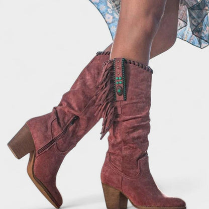 Botas camperas de caña alta de ante con flecos y tacón ancho para mujer