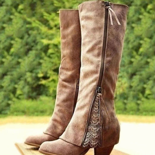 Botas de caña alta con tacón de bloque y detalle de encaje para mujer