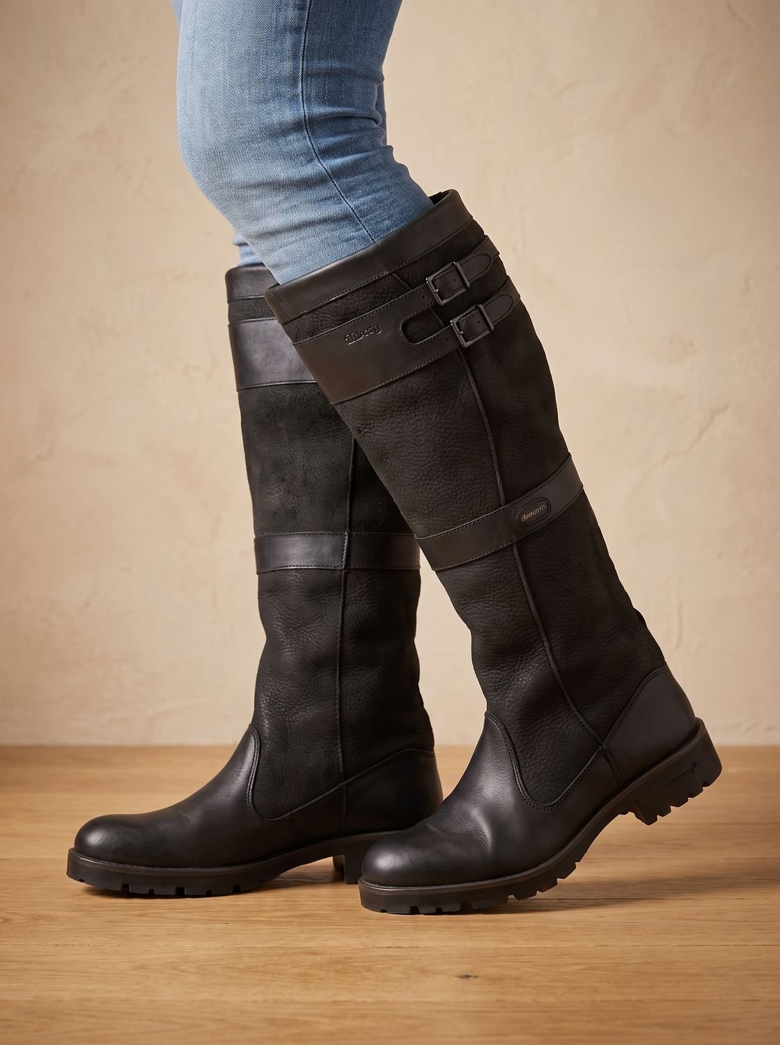 Botas de caña alta impermeables sin cierre con doble hebilla para mujer