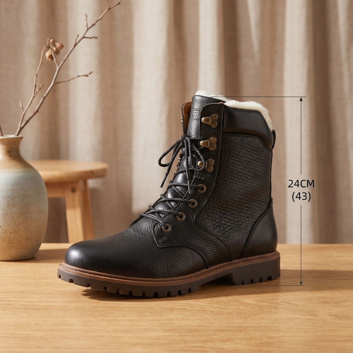 Botas de invierno para hombre de piel auténtica con forro de lana y cordones