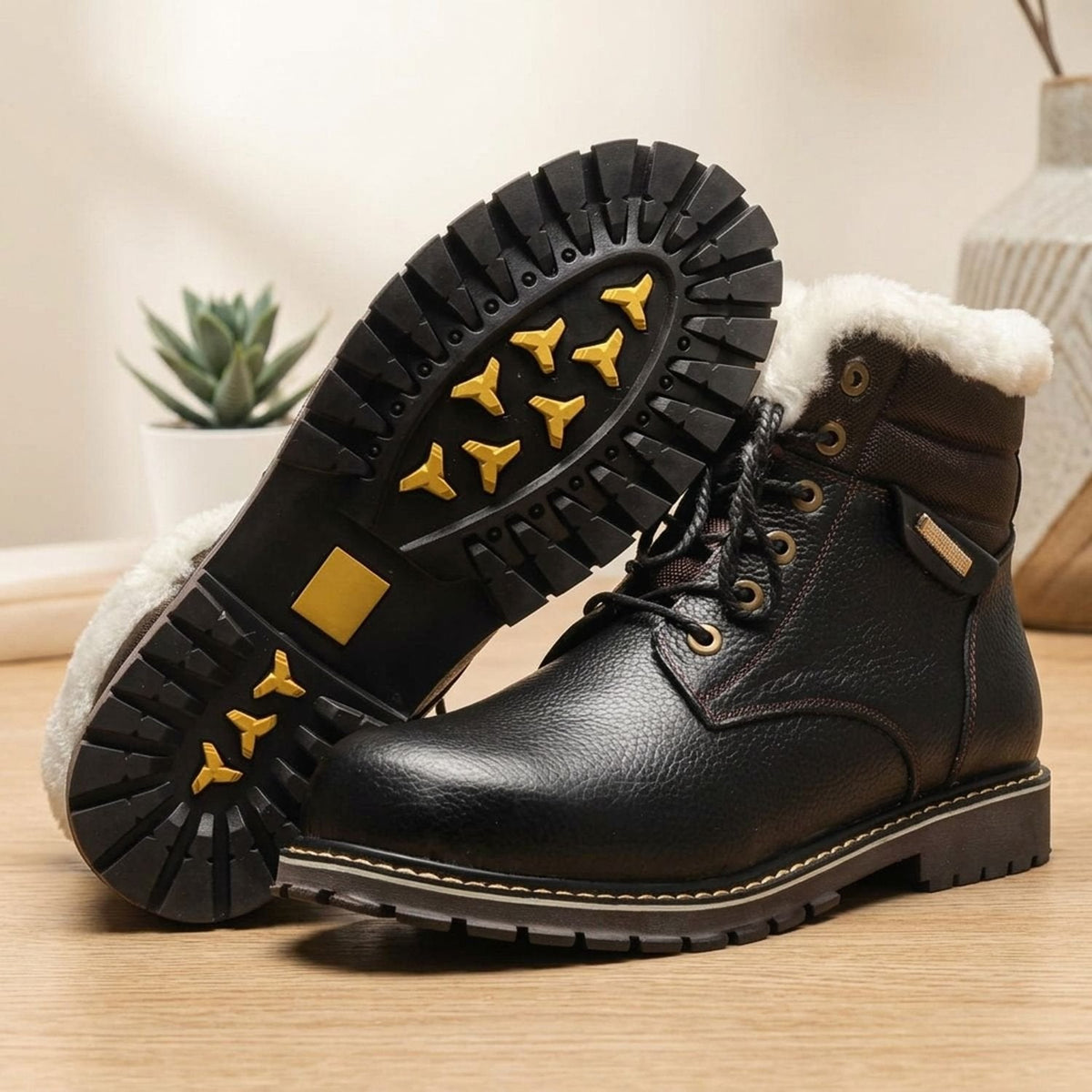Botas de invierno para hombre de piel auténtica con forro de lana y cordones