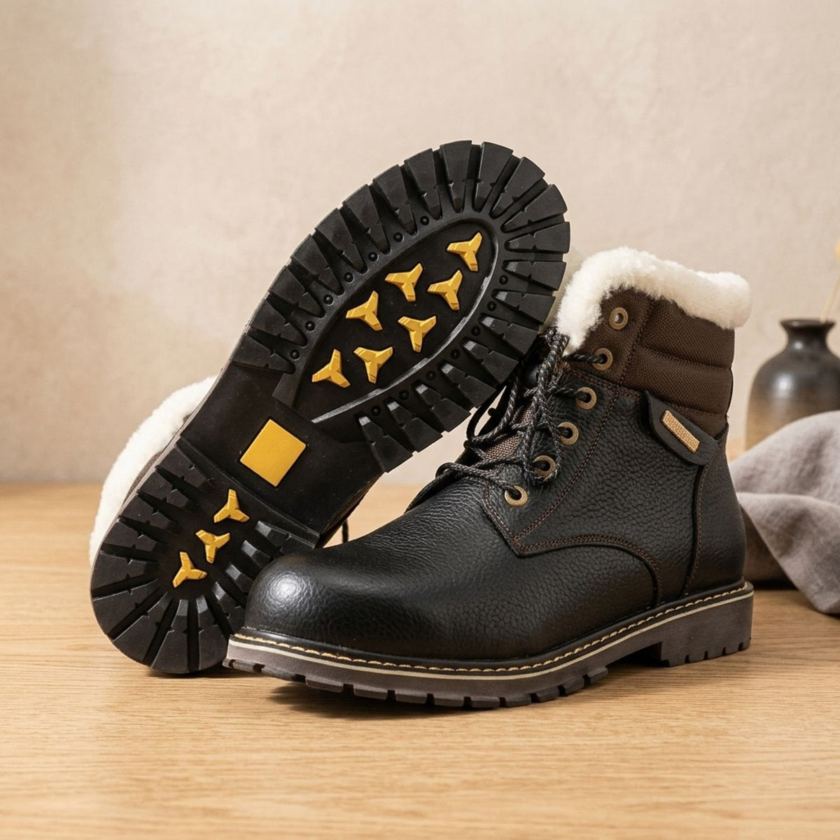 Botas de invierno para hombre de piel auténtica con forro de lana y cordones