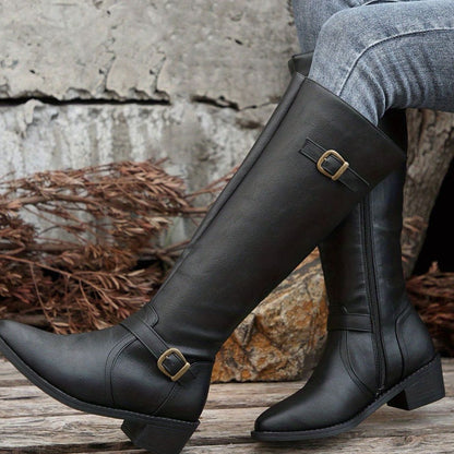 Botas de montar hasta la rodilla para mujer con tacón bajo, hebilla y cremallera