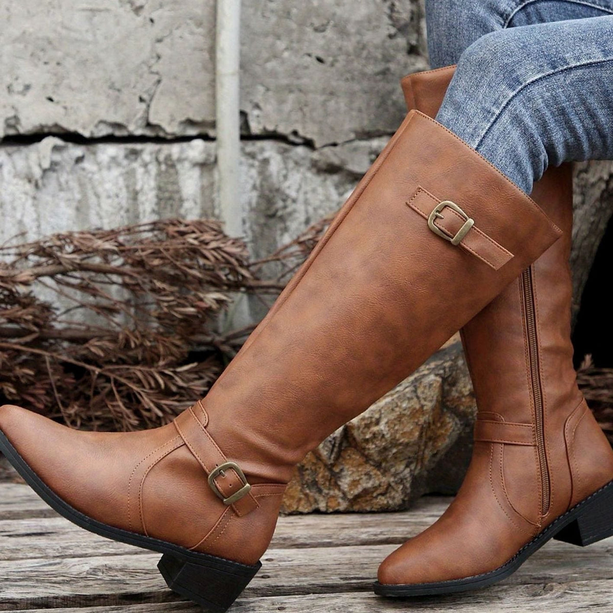 Botas de montar hasta la rodilla para mujer con tacón bajo, hebilla y cremallera