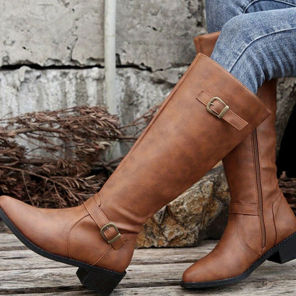 Botas de montar hasta la rodilla para mujer con tacón bajo, hebilla y cremallera