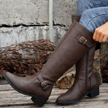 Botas de montar hasta la rodilla para mujer con tacón bajo, hebilla y cremallera