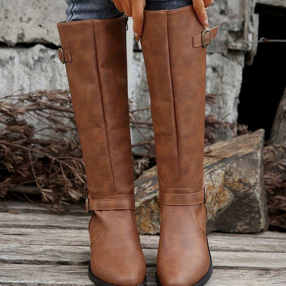 Botas de montar hasta la rodilla para mujer con tacón bajo, hebilla y cremallera