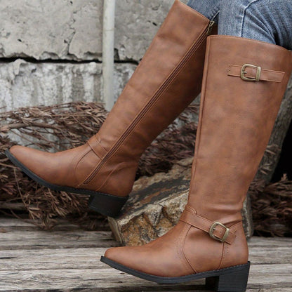 Botas de montar hasta la rodilla para mujer con tacón bajo, hebilla y cremallera