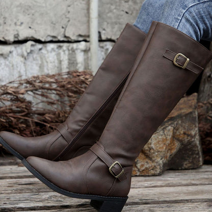 Botas de montar hasta la rodilla para mujer con tacón bajo, hebilla y cremallera