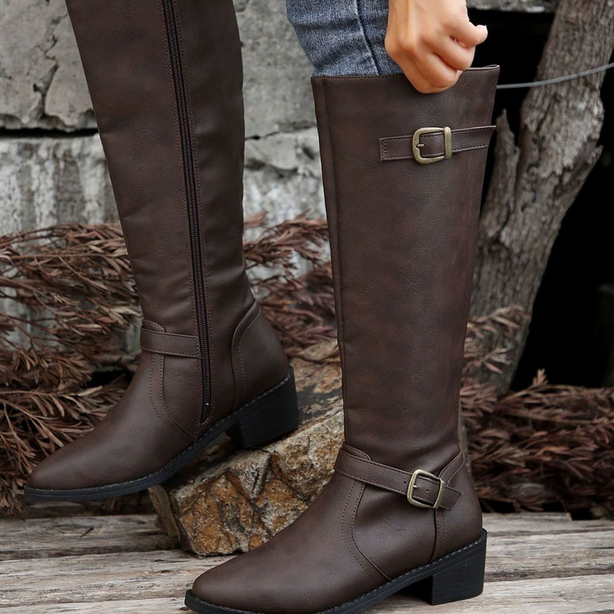 Botas de montar hasta la rodilla para mujer con tacón bajo, hebilla y cremallera