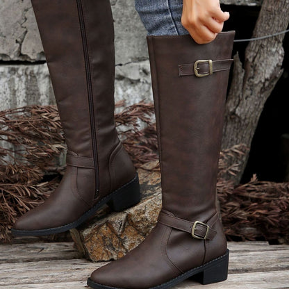 Botas de montar hasta la rodilla para mujer con tacón bajo, hebilla y cremallera