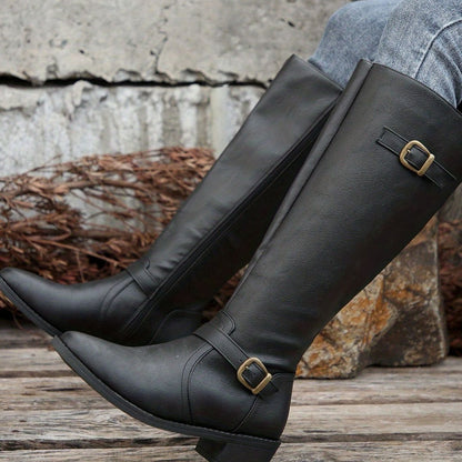 Botas de montar hasta la rodilla para mujer con tacón bajo, hebilla y cremallera