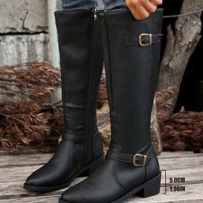 Botas de montar hasta la rodilla para mujer con tacón bajo, hebilla y cremallera