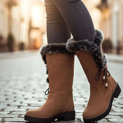 Botas de nieve de caña alta para mujer con ribete de pelo y tacón ancho bajo