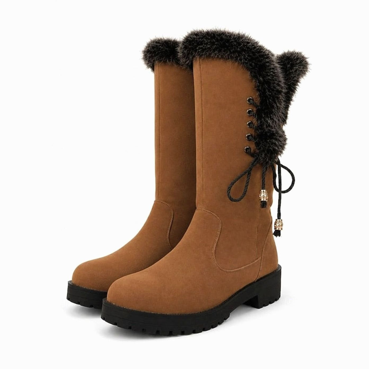 Botas de nieve de caña alta para mujer con ribete de pelo y tacón ancho bajo