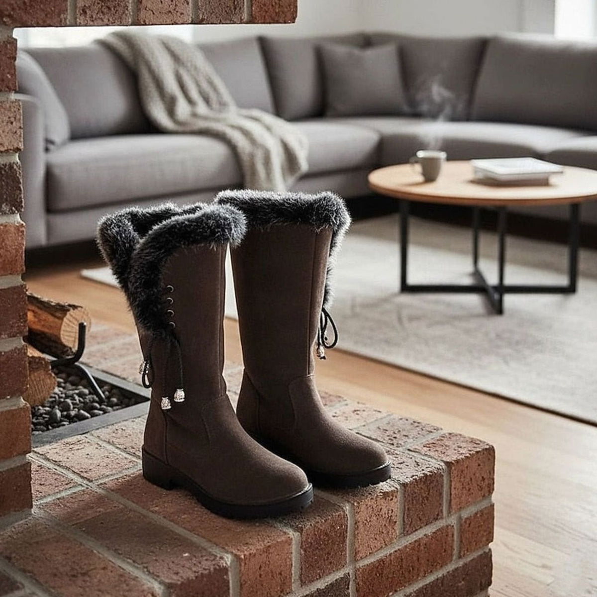 Botas de nieve de caña alta para mujer con ribete de pelo y tacón ancho bajo