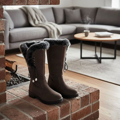Botas de nieve de caña alta para mujer con ribete de pelo y tacón ancho bajo