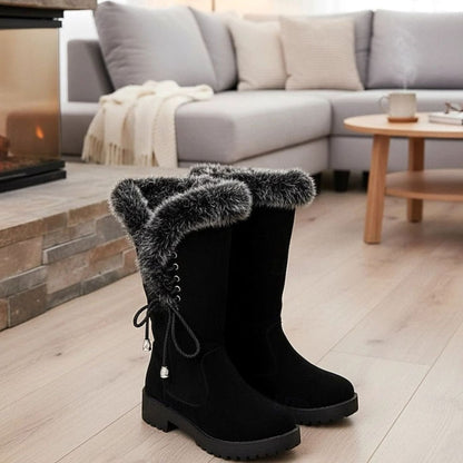 Botas de nieve de caña alta para mujer con ribete de pelo y tacón ancho bajo