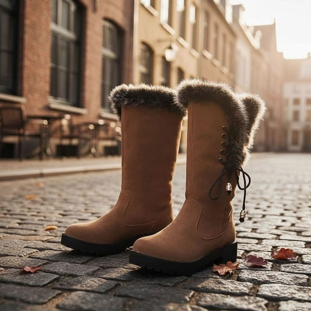 Botas de nieve de caña alta para mujer con ribete de pelo y tacón ancho bajo