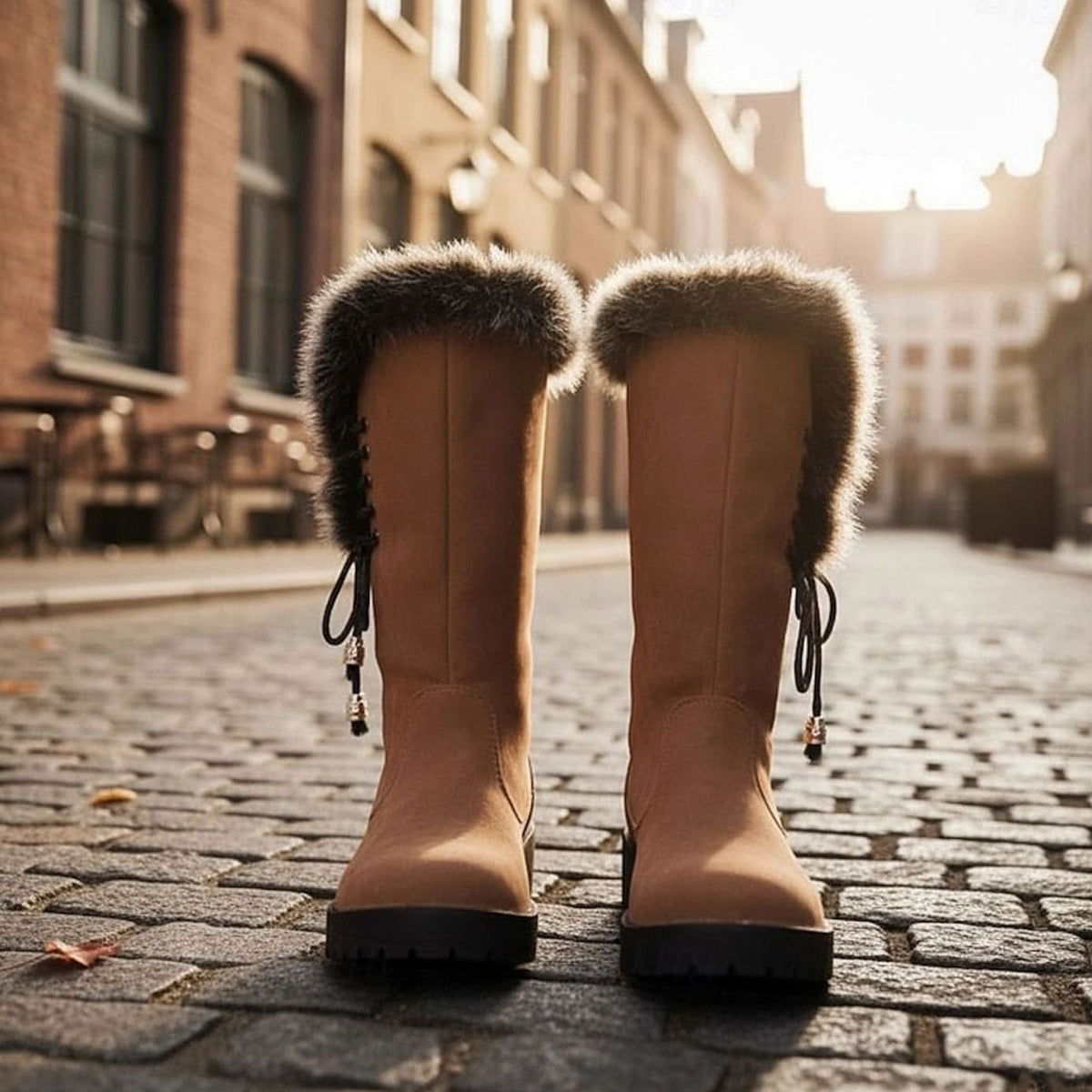 Botas de nieve de caña alta para mujer con ribete de pelo y tacón ancho bajo